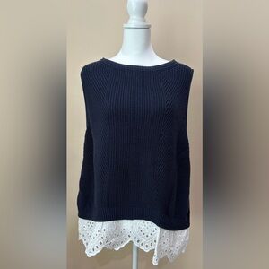 Ann Taylor loft Navy blue sweater vest with white doily faux white eyelet hem